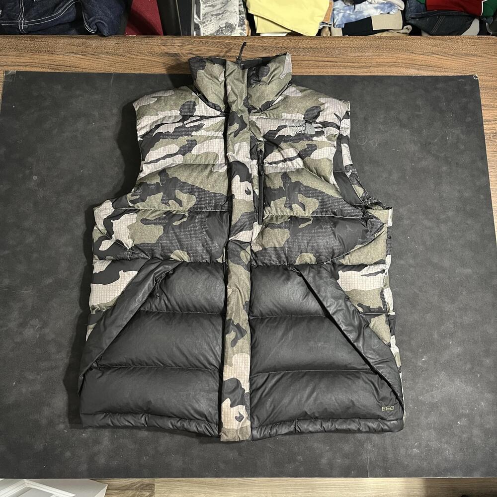 The North Face Nuptse 550 Down Puffer Vest Men Large Camo Ripstop Hiking Vintage